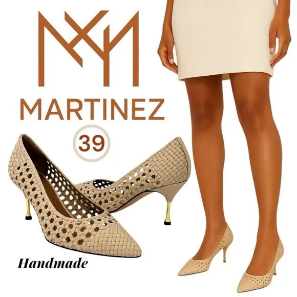 Souliers Martinez Handmade Woven Leather Kitten Gold Heels – women’s Size 39