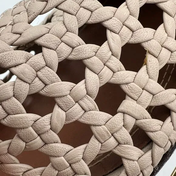 Souliers Martinez Handmade Woven Leather Kitten Gold Heels – women’s Size 39