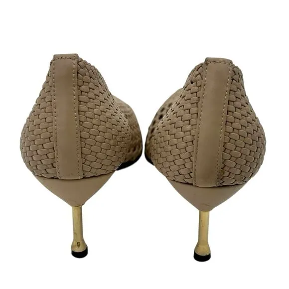 Souliers Martinez Handmade Woven Leather Kitten Gold Heels – women’s Size 39