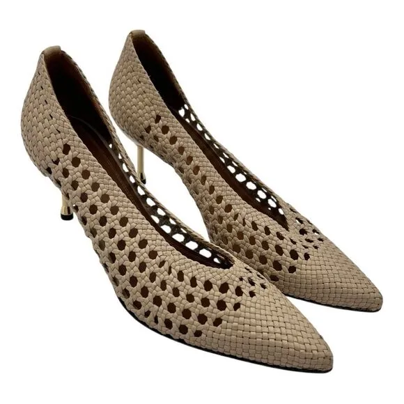 Souliers Martinez Handmade Woven Leather Kitten Gold Heels – women’s Size 39