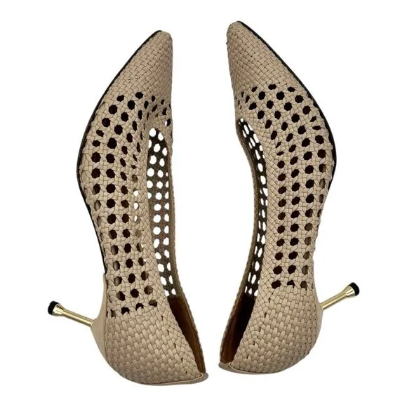 Souliers Martinez Handmade Woven Leather Kitten Gold Heels – women’s Size 39