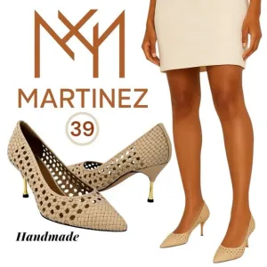 Souliers Martinez Handmade Woven Leather Kitten Gold Heels – women’s Size 39