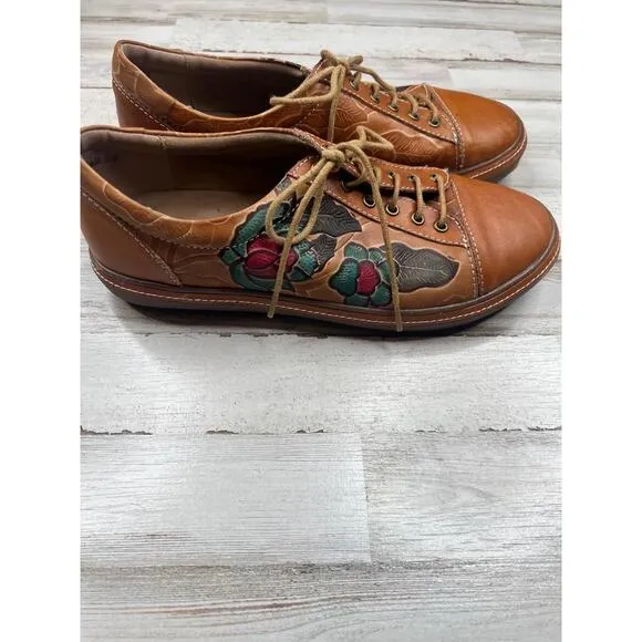 Spring Step LArtiste LOTUSCAM Brown Leather Floral  LaceUp Oxford Shoes EU38