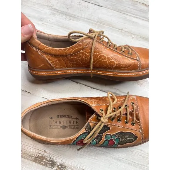 Spring Step LArtiste LOTUSCAM Brown Leather Floral  LaceUp Oxford Shoes EU38