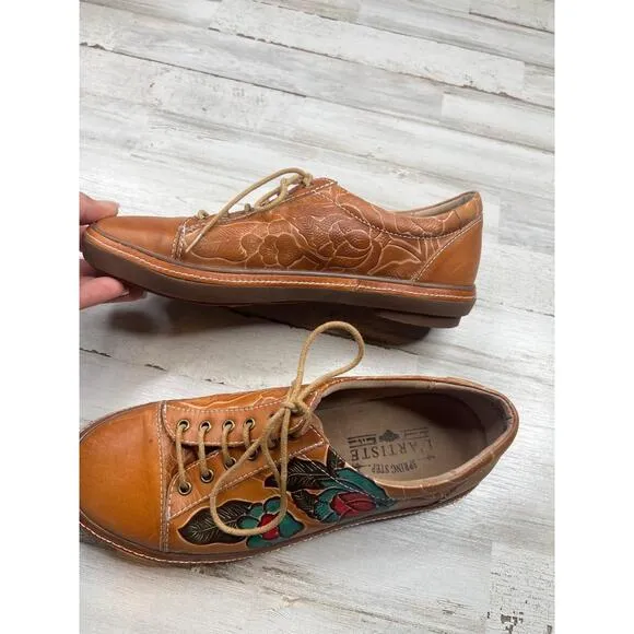 Spring Step LArtiste LOTUSCAM Brown Leather Floral  LaceUp Oxford Shoes EU38