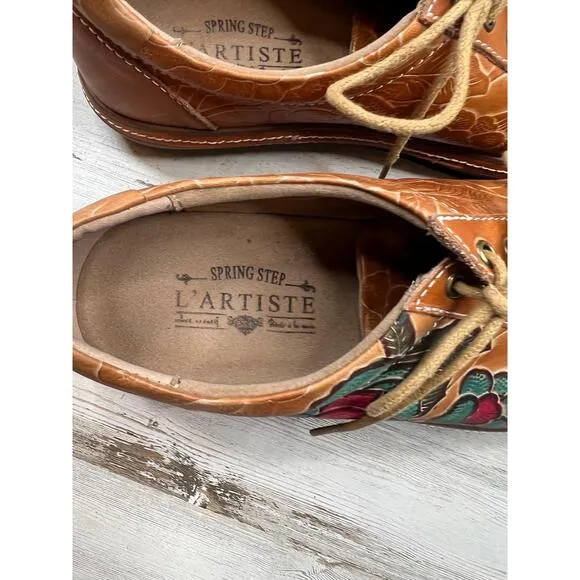 Spring Step LArtiste LOTUSCAM Brown Leather Floral  LaceUp Oxford Shoes EU38