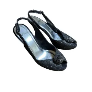 St John Satin Black Floral Rhinestone Slingback Pumps Size 8 Heels Formal‎