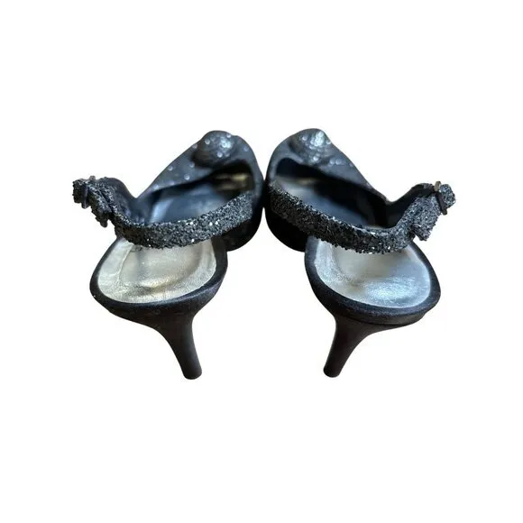 St John Satin Black Floral Rhinestone Slingback Pumps Size 8 Heels Formal‎
