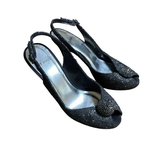 St John Satin Black Floral Rhinestone Slingback Pumps Size 8 Heels Formal‎