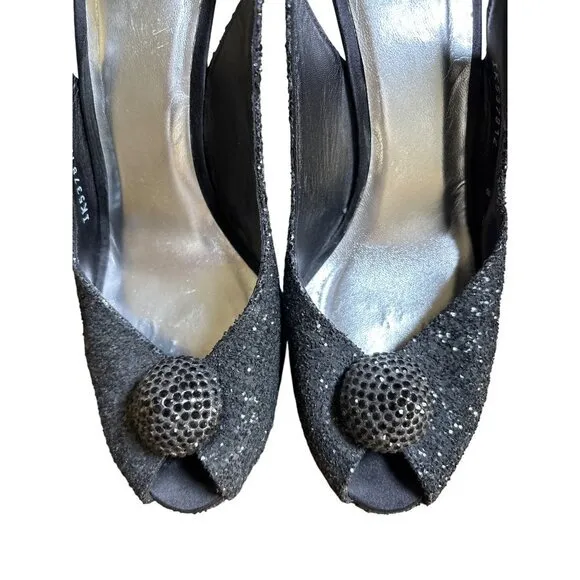 St John Satin Black Floral Rhinestone Slingback Pumps Size 8 Heels Formal‎