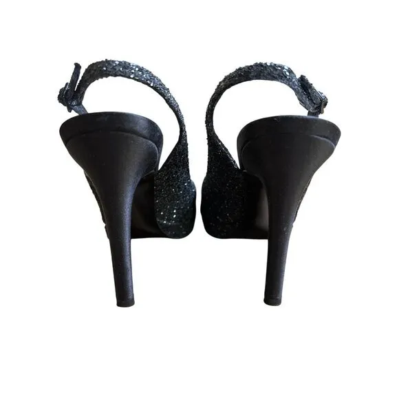 St John Satin Black Floral Rhinestone Slingback Pumps Size 8 Heels Formal‎
