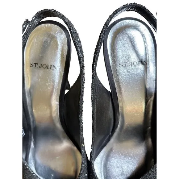 St John Satin Black Floral Rhinestone Slingback Pumps Size 8 Heels Formal‎
