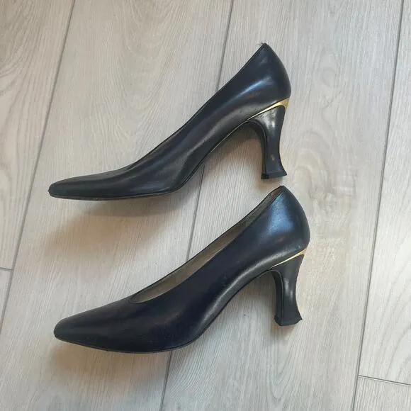 St. John vintage leather dark blue black pointed toe heels pumps US 7.5 AA