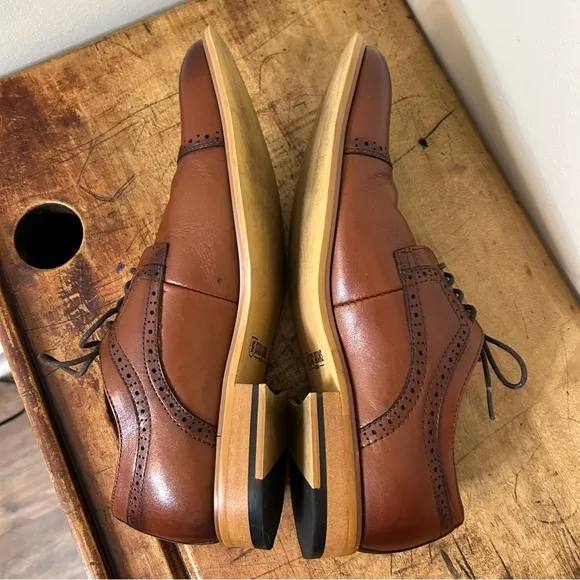 Stacy Adams Men's sz 8 Leather Cap Toe Oxfords cognac, EUC see pix for blemishes