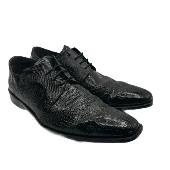 Stacy Adams Sz 12 Black Wingtip Oxfords with Crocodile Pattern