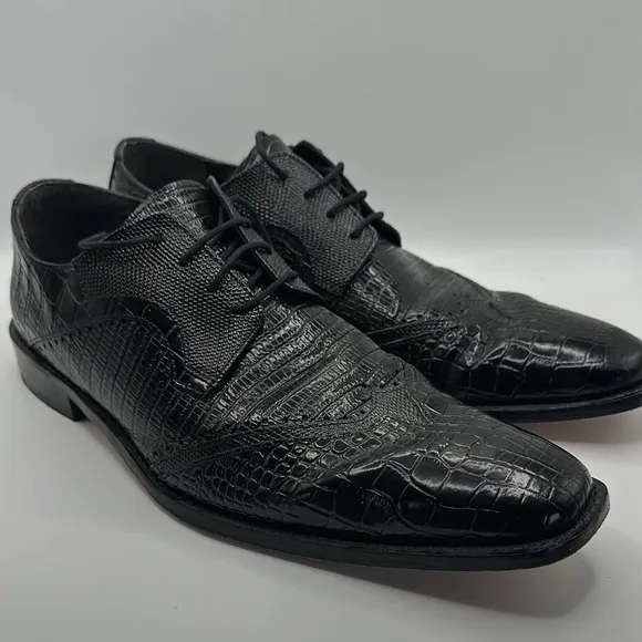 Stacy Adams Sz 12 Black Wingtip Oxfords with Crocodile Pattern