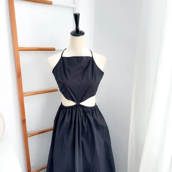 Staud Apfel Cutout Cotton Maxi Long Dress In Black Halter Neck Tie Back Pocket S