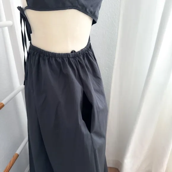 Staud Apfel Cutout Cotton Maxi Long Dress In Black Halter Neck Tie Back Pocket S
