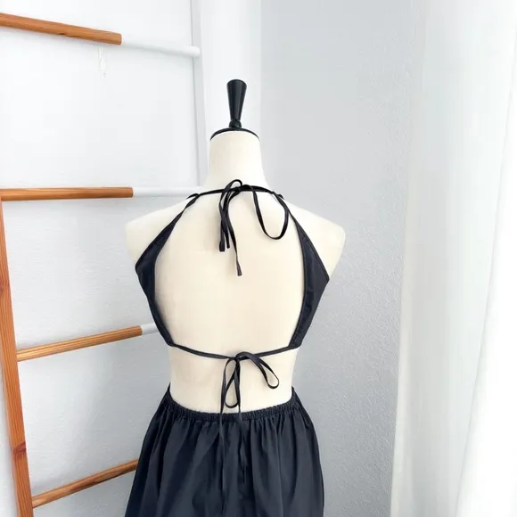 Staud Apfel Cutout Cotton Maxi Long Dress In Black Halter Neck Tie Back Pocket S