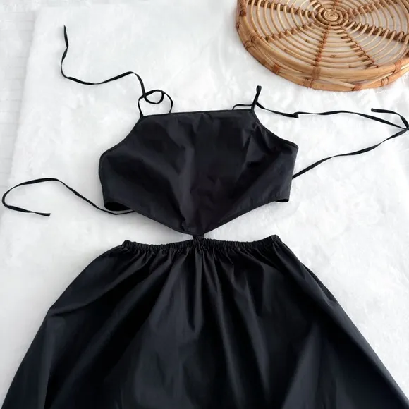 Staud Apfel Cutout Cotton Maxi Long Dress In Black Halter Neck Tie Back Pocket S
