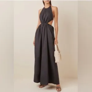 Staud Apfel Cutout Cotton Maxi Long Dress In Black Halter Neck Tie Back Pocket S