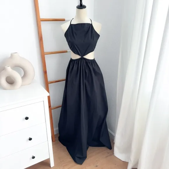 Staud Apfel Cutout Cotton Maxi Long Dress In Black Halter Neck Tie Back Pocket S
