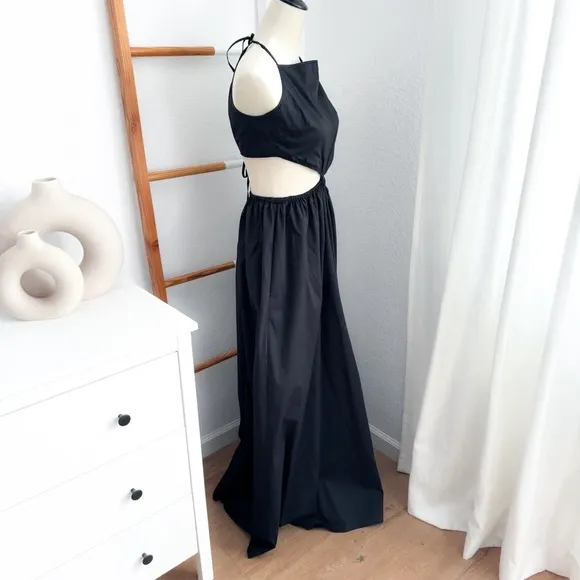 Staud Apfel Cutout Cotton Maxi Long Dress In Black Halter Neck Tie Back Pocket S