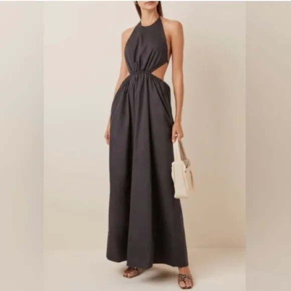 Staud Apfel Cutout Cotton Maxi Long Dress In Black Halter Neck Tie Back Pocket S