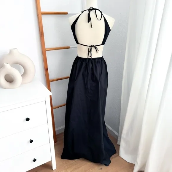Staud Apfel Cutout Cotton Maxi Long Dress In Black Halter Neck Tie Back Pocket S