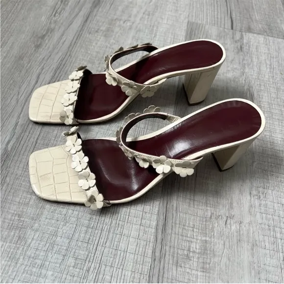 STAUD Frankie Daisy-Embellished Croc-Effect Mules Cream WhiteSize 39