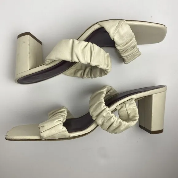 Staud Womens Size 37 Frankie Ruched Leather Mules Block Heel Strap Sandal Ivory