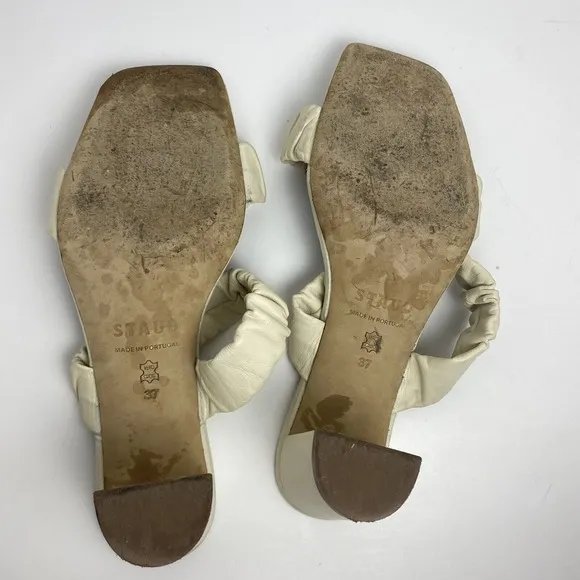 Staud Womens Size 37 Frankie Ruched Leather Mules Block Heel Strap Sandal Ivory