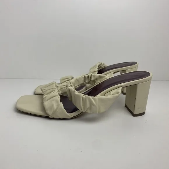 Staud Womens Size 37 Frankie Ruched Leather Mules Block Heel Strap Sandal Ivory