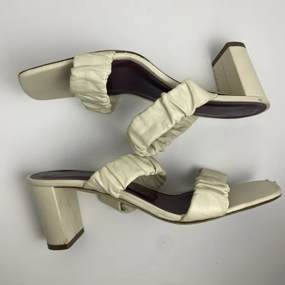 Staud Womens Size 37 Frankie Ruched Leather Mules Block Heel Strap Sandal Ivory
