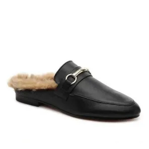 Steve Madden Brinly Black Leather Faux Fur Lined Mules