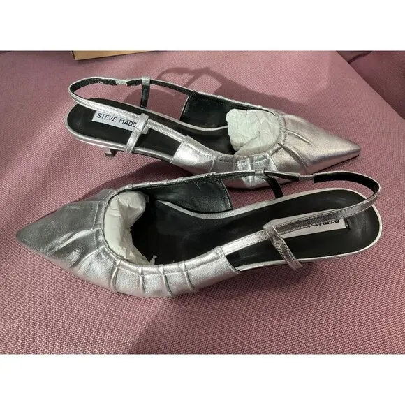 Steve Madden Syrie Sling Back in Silver Leather 9.5 New with Box Womens Pumps