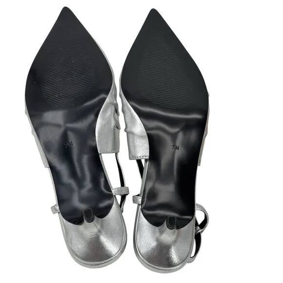 Steve Madden Syrie Sling Back Kitten Heel 7 Womens Silver Metallic Point Toe NEW