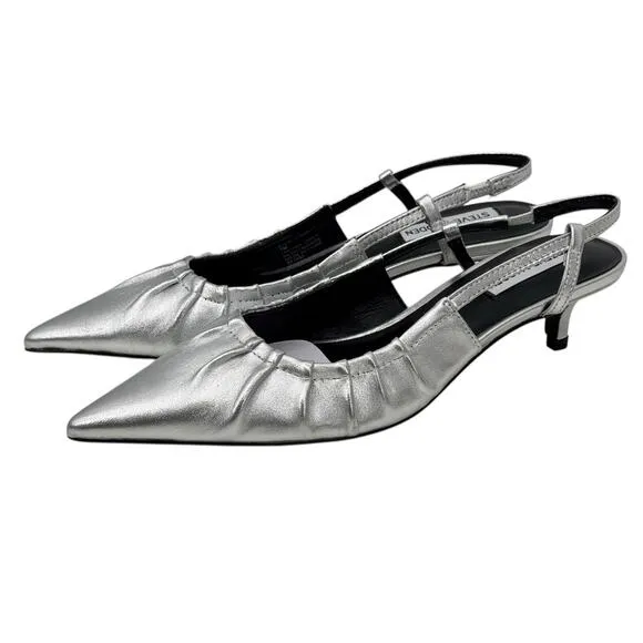 Steve Madden Syrie Sling Back Kitten Heel 7 Womens Silver Metallic Point Toe NEW