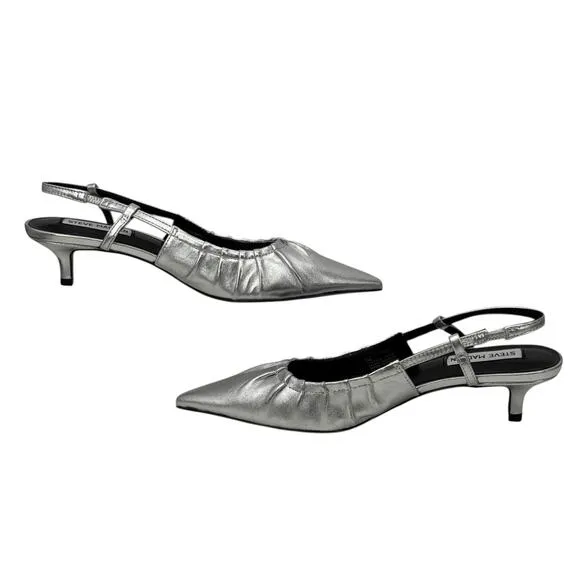 Steve Madden Syrie Sling Back Kitten Heel 7 Womens Silver Metallic Point Toe NEW