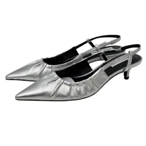 Steve Madden Syrie Sling Back Kitten Heel 7 Womens Silver Metallic Point Toe NEW