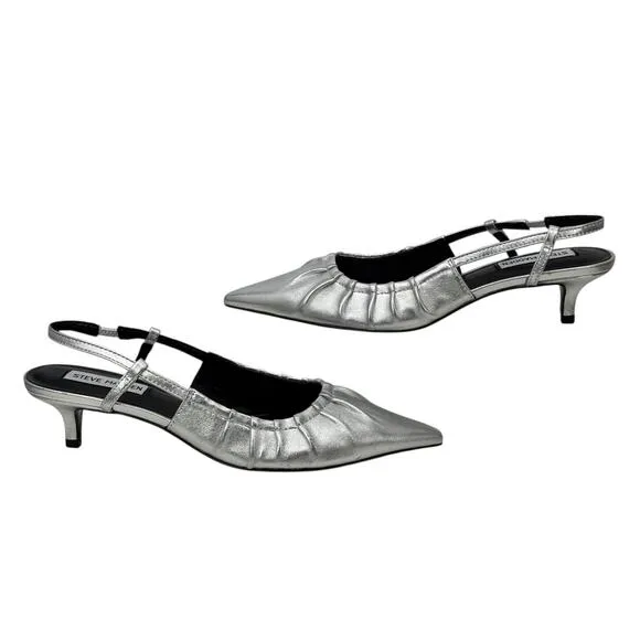 Steve Madden Syrie Sling Back Kitten Heel 7 Womens Silver Metallic Point Toe NEW