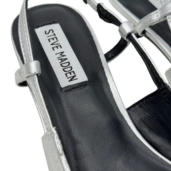Steve Madden Syrie Sling Back Kitten Heel 7 Womens Silver Metallic Point Toe NEW