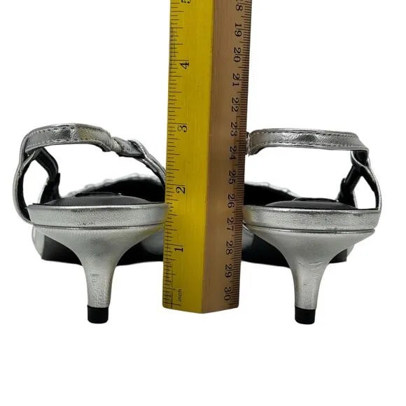 Steve Madden Syrie Sling Back Kitten Heel 7 Womens Silver Metallic Point Toe NEW