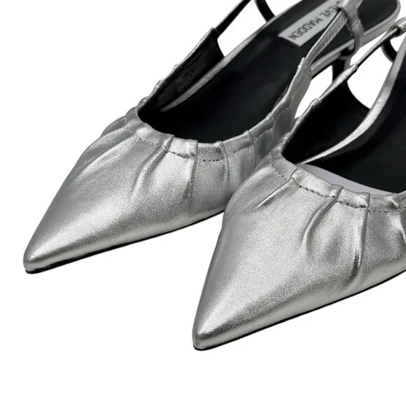 Steve Madden Syrie Sling Back Kitten Heel 7 Womens Silver Metallic Point Toe NEW