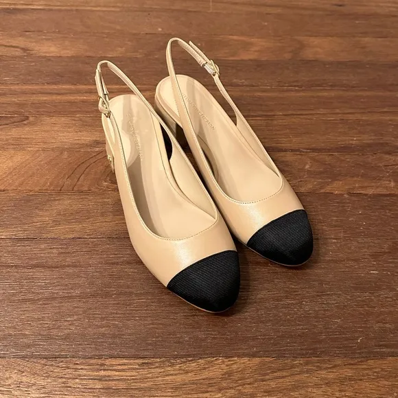 Stuart Weitzman Beige and Black Slingback Heels