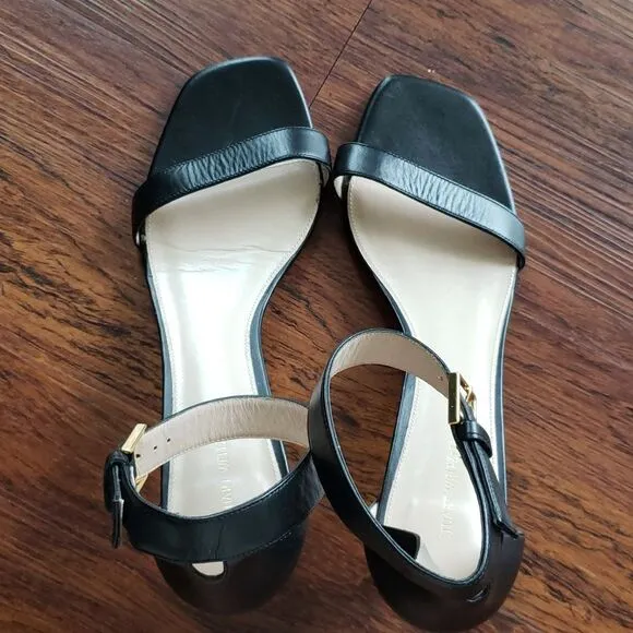 Stuart Weitzman Black Leather Strap Gold Buckle 2.5 in Kitten Heels Size 9