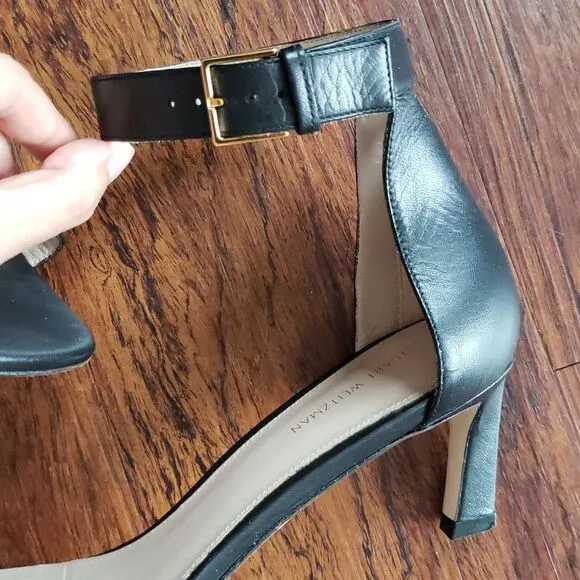 Stuart Weitzman Black Leather Strap Gold Buckle 2.5 in Kitten Heels Size 9