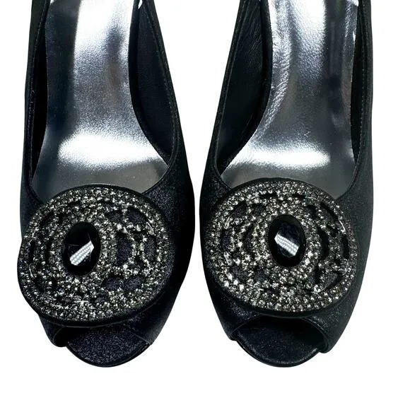 Stuart Weitzman Black Satin Crystal Embellished Slingback Peep Toe Heels Size 7