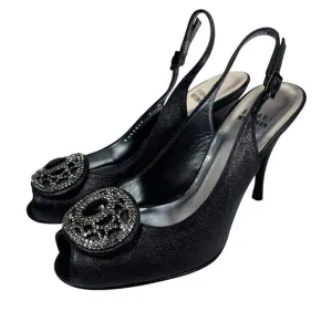 Stuart Weitzman Black Satin Crystal Embellished Slingback Peep Toe Heels Size 7