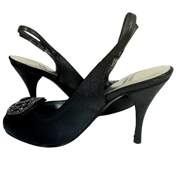 Stuart Weitzman Black Satin Crystal Embellished Slingback Peep Toe Heels Size 7